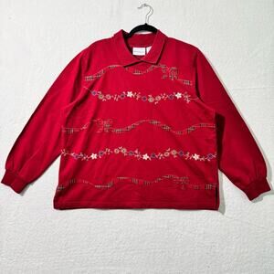 Alfred Dunner Christmas Florals Plaid Bow Red Knit Polo Sweater Women’s Large